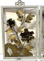 Vintage Art Deco Wall Art 3D Brass Color Tin Metal Flowers in Wooden Frames x4