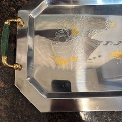 Vintage Serving Platter Inox 15/10 Steel with Green Gold Italy Beautiful Tray