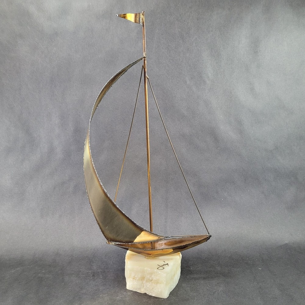 Vintage Brass Sailboat Sculpture 15 Inches Onyx Base Signed By Artist