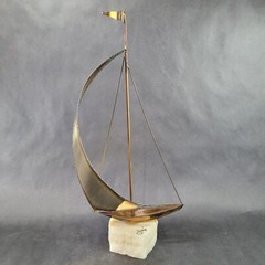 Vintage Brass Sailboat Sculpture 15 Inches Onyx Base Signed By Artist