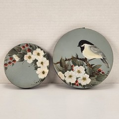 2 VTG Hand Painted Round Wood Lid Dogwood Berries Chickadee Bird Farmhouse Decor