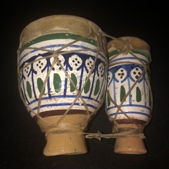 Pair ❤️ Joined Vintage Hand Painted Pottery BONGO DRUMS Retro Skin Ceramic