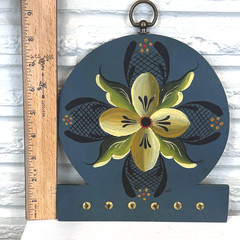 Vtg Blue Floral Tole Painting Key Necklace Holder Hanging Wall Rack Signed Boho