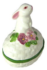 Trinket Box Bunny Rabbit on Egg Basket by Avon Hand Painted in Brazil Weiss 1982