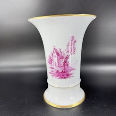 1975 Hochst German Vase Magenta House Church with Gold Trim Germany Porcelain