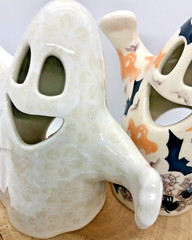 2 Polish Pottery Ceramic Ghost Lantern Figurines White Lace and BOO