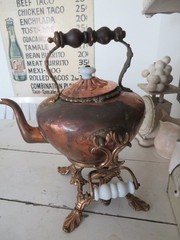 Old Copper TILTING TEA KETTLE on Ornate BRASS STAND White Porcelain Handles