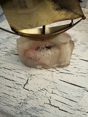 Vintage Signed DEMOTT Sailboat Sculpture USA Onyx Base Copper Brass-8.5”