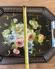 Vintage Hand Painted Floral Toleware Tray Large Gold Black Metal Handles 20×16