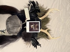 Decorative Mask with Antlers, Feathers, Long Hair – Black Gray White Original