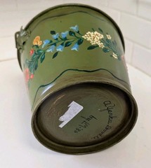 Vintage 1980 Green Toleware Metal Bucket With Hand Painted Flowers Signed