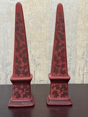 Ceramic Obelisk Pair Matte Finish Foliate Relief Symbol Strength & Protection
