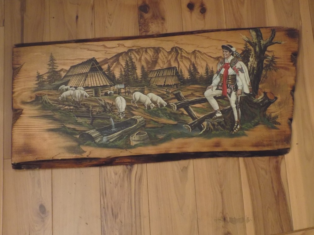 Switzerland Swiss Alps Sheep Farmer Cabin Nature Oil Painted Wood Wall Picture