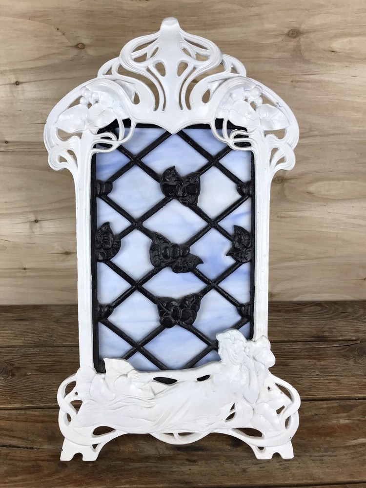 Vintage ART NOUVEAU HEAVY Figural Painted Cast Iron Easel Stained Glass Panel