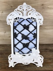 Vintage ART NOUVEAU HEAVY Figural Painted Cast Iron Easel Stained Glass Panel