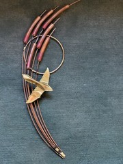 Vintage MCM Bird Brass/ Copper Wall Art Decor with Cattails Wall Decoration