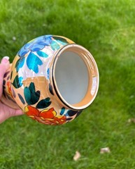 Art Deco Lusterware Vase Hand Painted Flowers Blue & Orange 8″ x 6″
