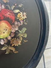 Antique Victorian Oval Black Tole Tray Hand Painted Floral Metal 24” Vtg Patina