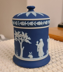 Dark Blue and White Wedgwood Jasperware Lidded Jar Approximately 4 1/2″ tall