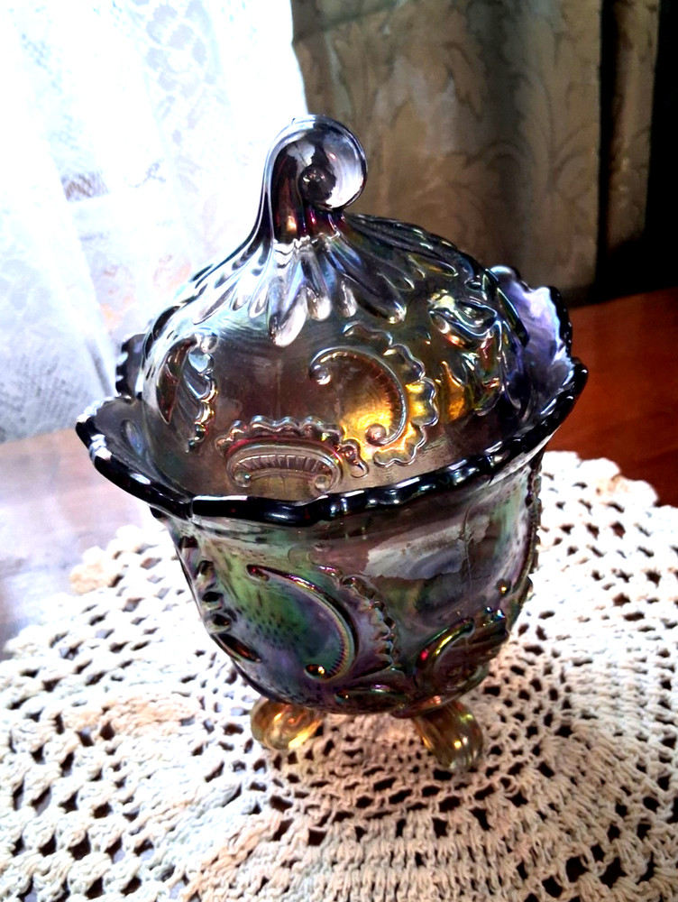 Imperial Glass Louis 14th Lidded Footed Jar Carnival Glass 6.75″ Tall 4.75″ Diam
