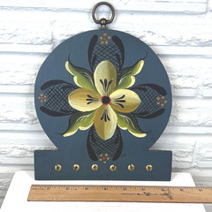Vtg Blue Floral Tole Painting Key Necklace Holder Hanging Wall Rack Signed Boho