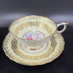 Antique Paragon Cabbage Rose Tea Cup and Saucer Set Heavy Gold Pattern England