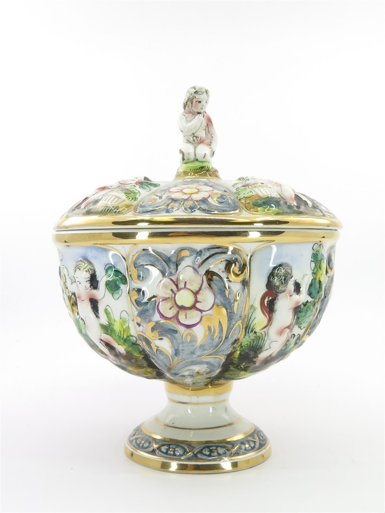Capodimonte Footed Candy Dish with Lid Featuring Cherub Finial