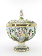 Capodimonte Footed Candy Dish with Lid Featuring Cherub Finial
