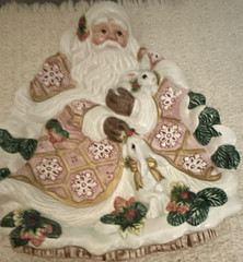 Ceramic Santa Figurine with White Doves Floral Design White Pink Green Gold