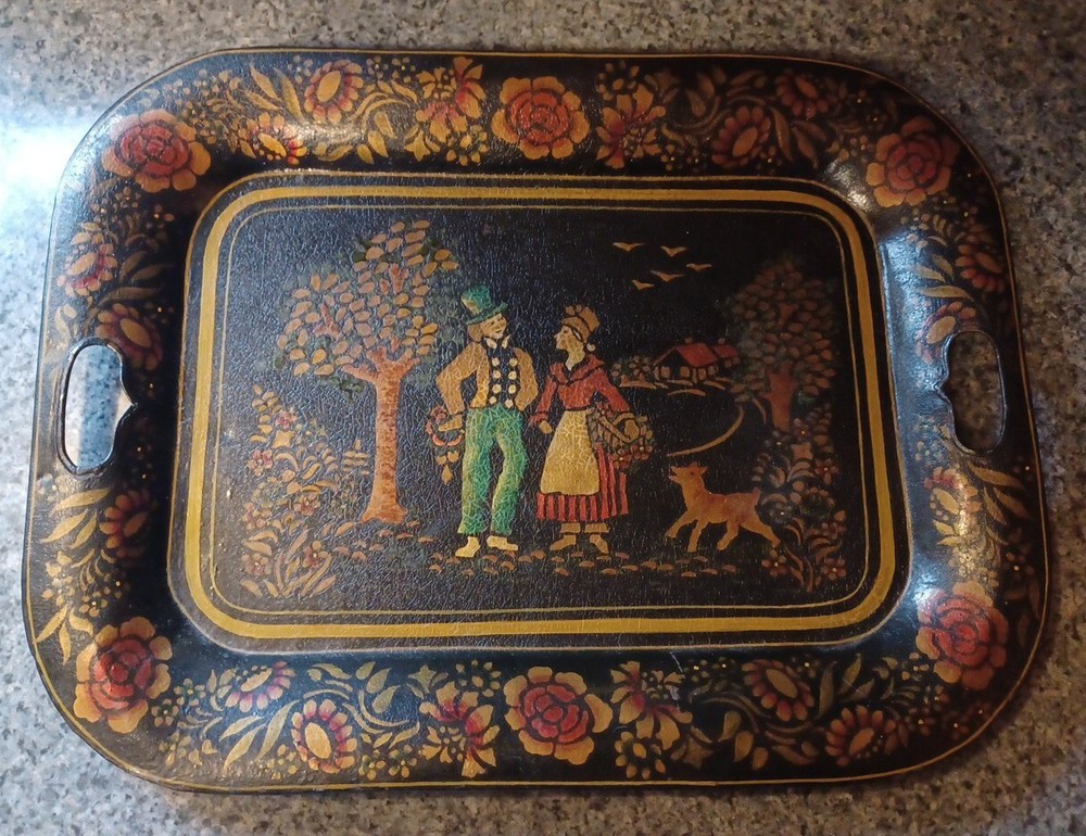 Antique 1800s Tin Metal Toleware Hand Painted Tray Courtship Man Woman Folk Art