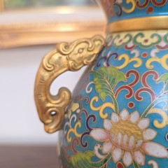 Pair Chinese Cloisonné Enamel Brass Floral Vases Blue Dragon Handle Vintage