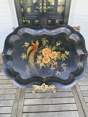 Antique 19th Century Tole Tray Hand Painted Bird Flowers 29”x 21” ESTATE FIND