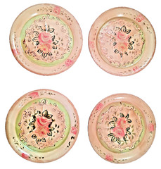 Japan 1940s Hand Painted Occupied Japan Green Pink Roses Small Plates Coasters