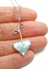 Roman Glass Big Heart Silver 925 Pendent Ancient Fragment 200 B.C. Bluish Patina