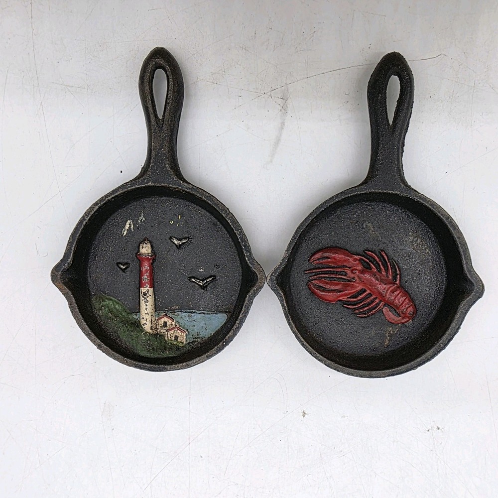 Lot Of 2 Miniature Cast Iron Skillet Trivets Lobster Light House Nautical Decor
