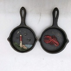 Lot Of 2 Miniature Cast Iron Skillet Trivets Lobster Light House Nautical Decor