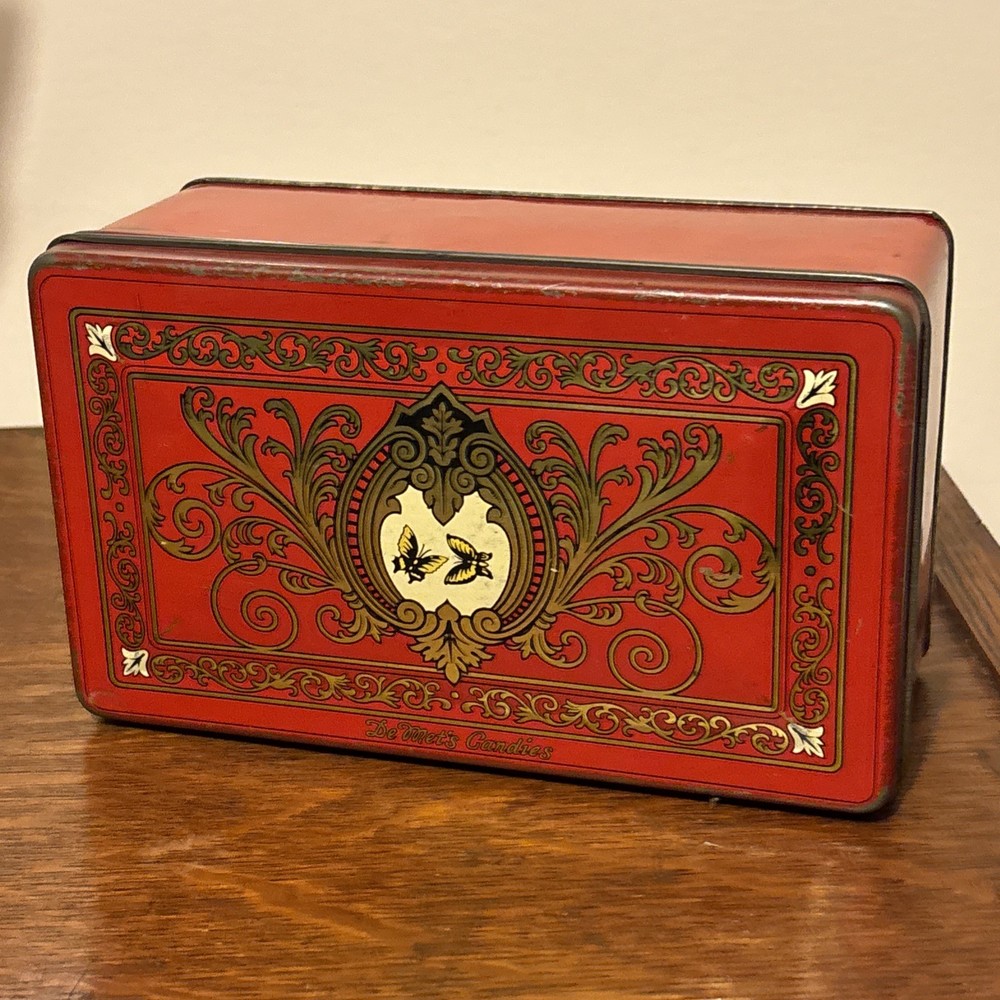 Rare Vintage Tindeco DeMets English Toffee, Bright Red Art Deco Butterfly Tin