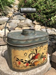 Vintage Jean Dewey Signed Primitive Painted Toleware Bail Handle Tin Lunchbox