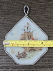 Antique 1910 Reverse-Paint Glass Galleon Ship Scene Edwardian Wall Decor Plaque