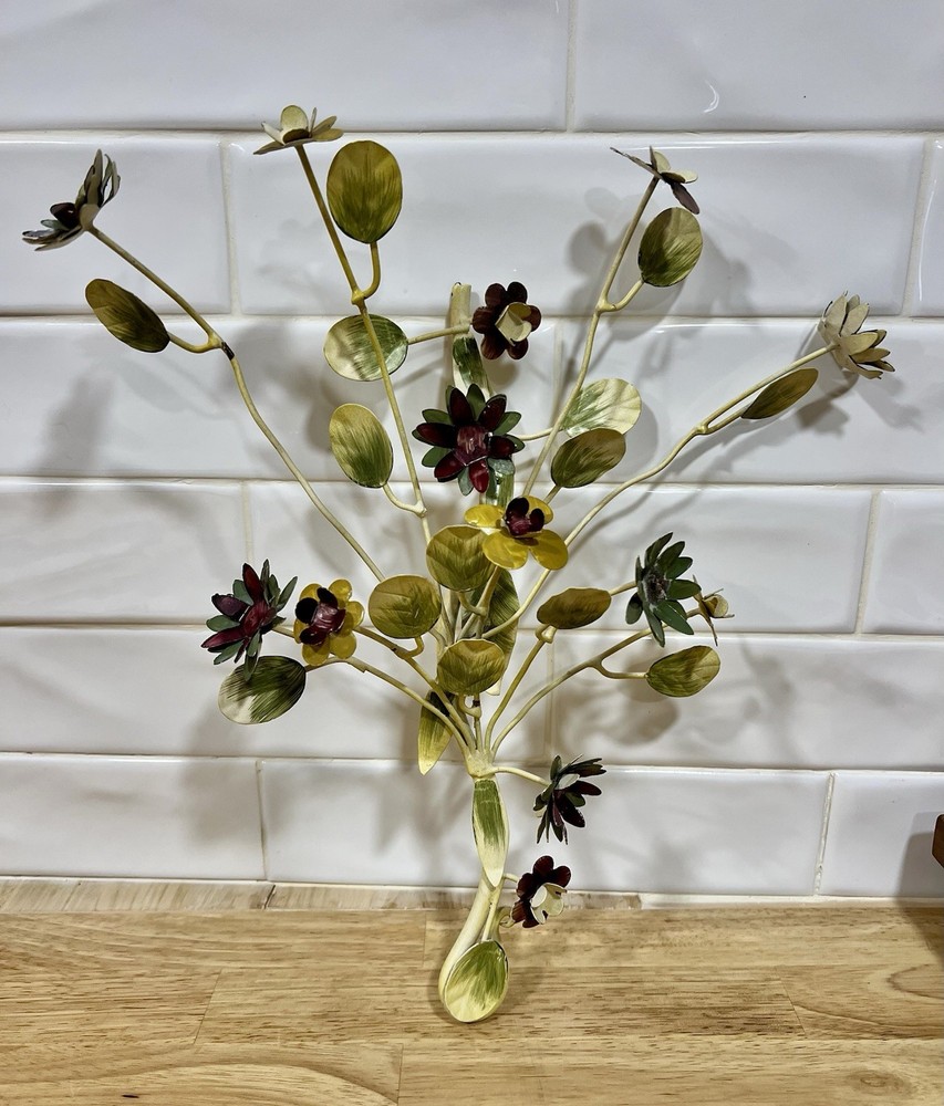 Vintage ITALIAN TOLEWARE Metal Floral Single Wall Sconce 15×13″ Cottage Core