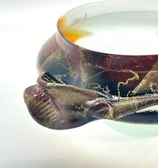 Art Glass Bowl Modernist Organic Brutalist Frosted Hand Painted Leaf And Vine