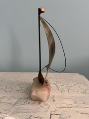 Vintage Signed DEMOTT Sailboat Sculpture USA Onyx Base Copper Brass-8.5”