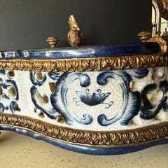 CASTILIAN Footed Centerpiece Planter Candleholder Porcelain Crackle Bronze Birds
