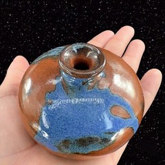 Vintage Hand Trown Art Pottery Bud Vase Signed Hand Made Ceramic Blue Red Drip