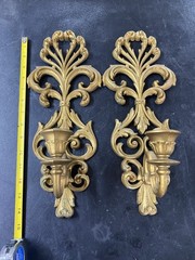 2 Burwood Products Gold Tone Wall Art Candle Plastic Holder Sconces Vintage 15″
