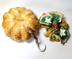 Fitz and Floyd Gardening Gourmet Majolica Pumpkin Jar with Lid and Spoon 1980’s