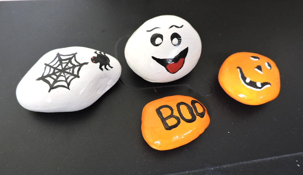 Hand Painted Rock Art Halloween Rocks Pumpkin, Ghost, Boo, & Spider Web