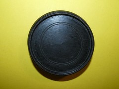 Display stand, 4.25″ diam, Chinese design, soft black, vintage wood, excellent