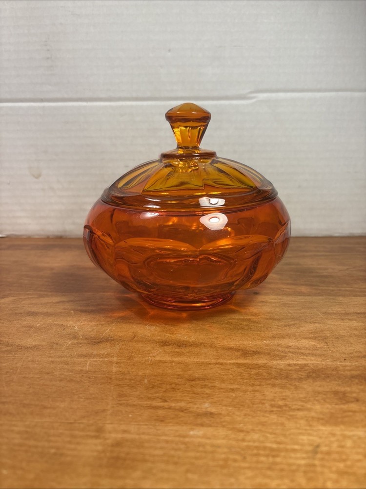 Viking Paneled Covered Candy Dish Persimmon Orange Glass Lidded Bowl