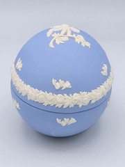 Wedgewood Blue Jasperware Egg Trinket Box Cherub With Floral Garland